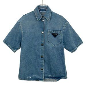 Prada Womens Short-Sleeve Denim Button-Up Shirt With Chest Pocket & Logo Patch